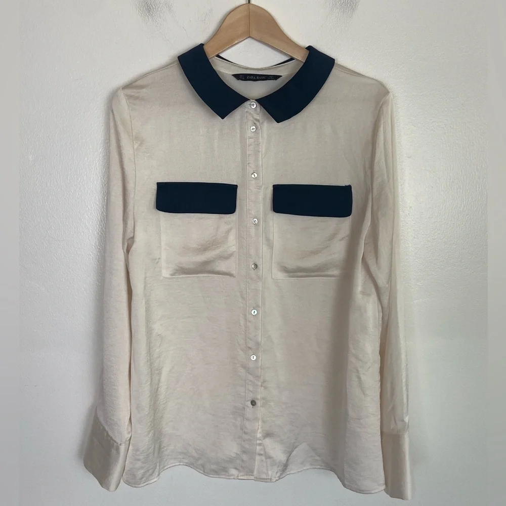 Zara Basic Women's Satin Top L Cream Nerd Preppy Mother Pearl Button Long Sleeve